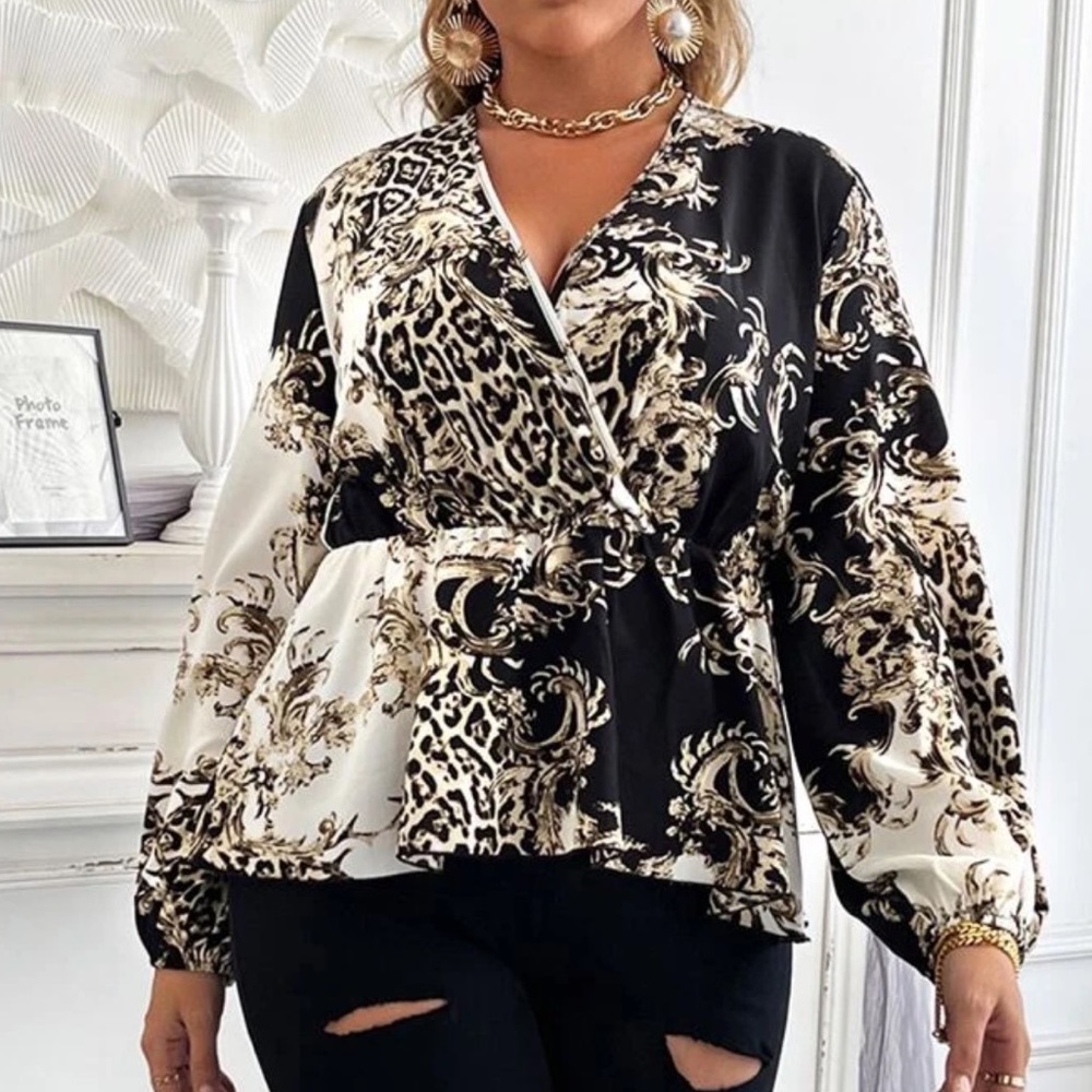 SHEIN Plus Leopard & Scroll Print Peplum Blouse